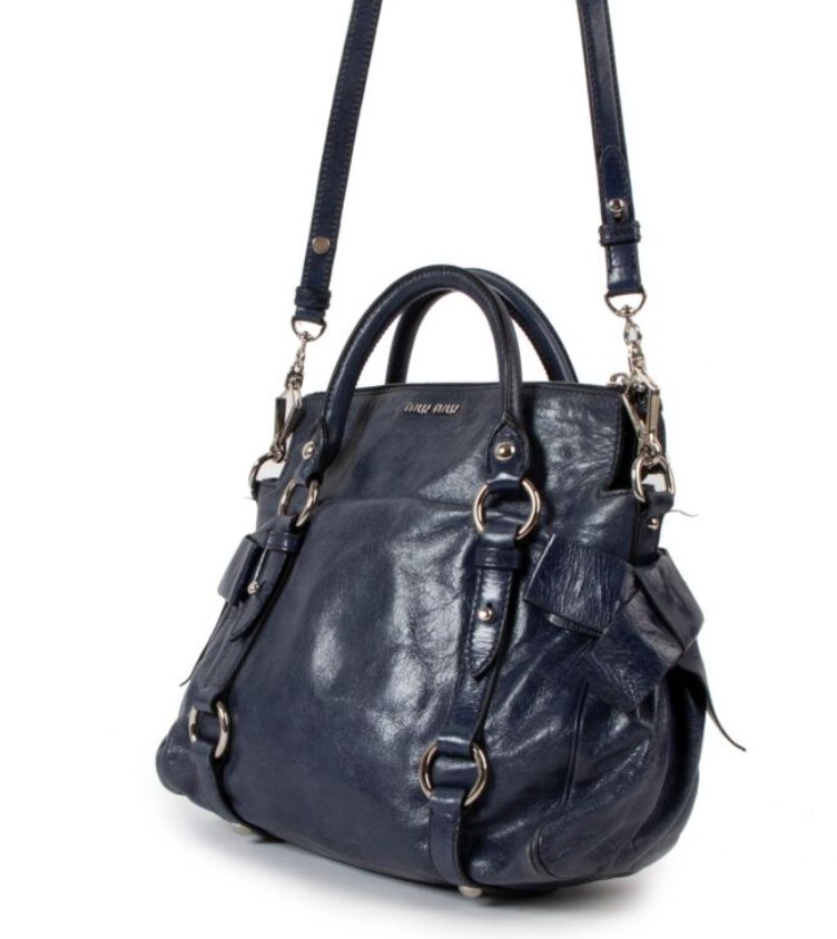 Miu Miu Blue Vitello Lux Bow Small Handbag