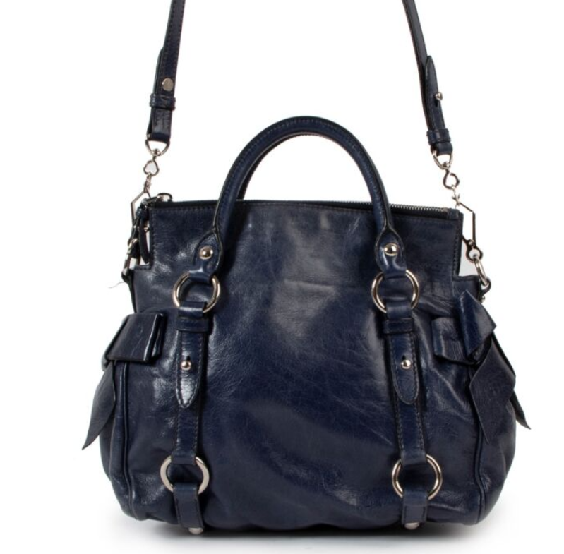 Miu Miu Blue Vitello Lux Bow Small Handbag